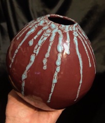 Unique Polia Pillin Pottery Maroon vase with Organic Turquoise Drip Glaze
